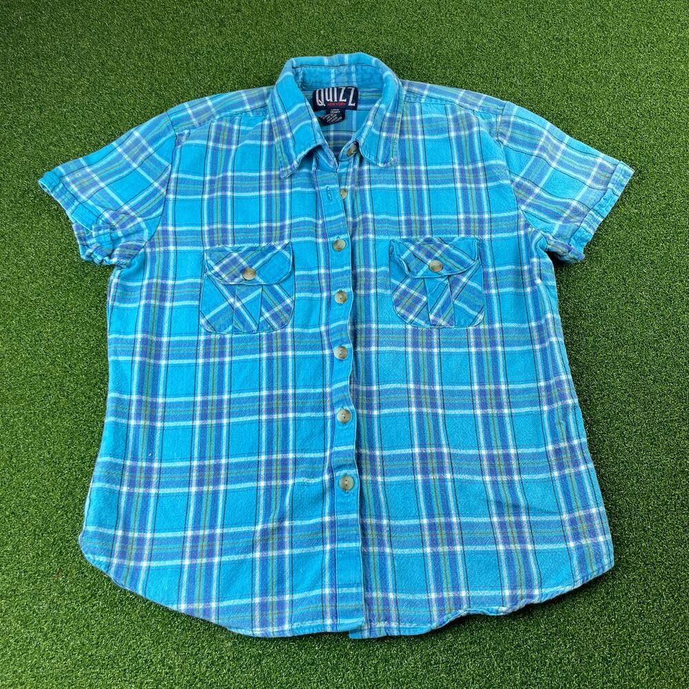 Quizz New York Blue Plaid Short Sleeve Button Up Shirt Cotton Large Pocket Top